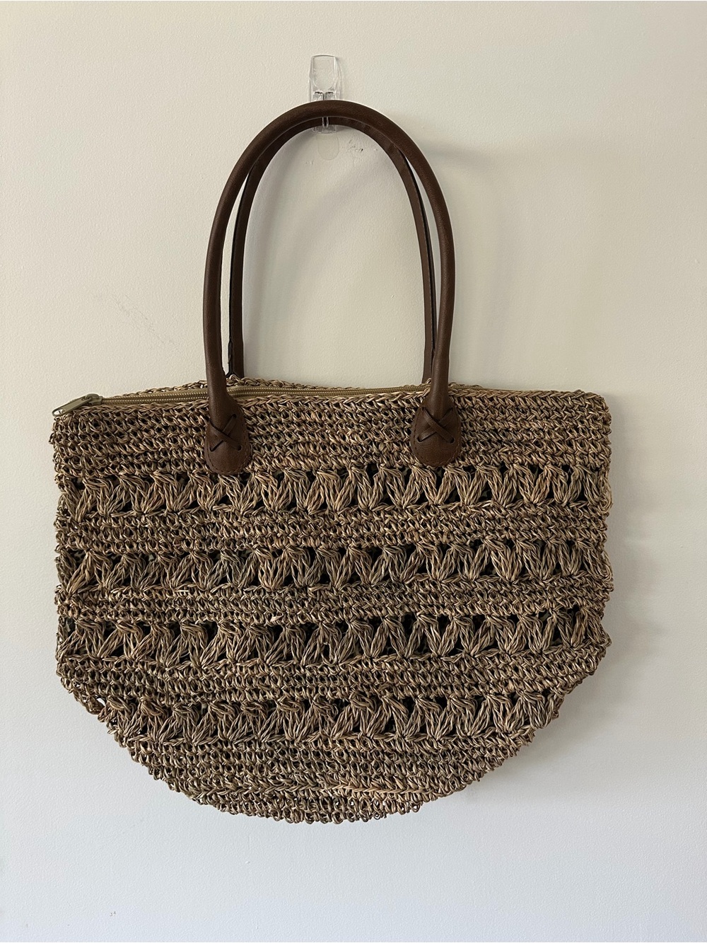 Handwoven Brown Straw Tote with Brown Handles